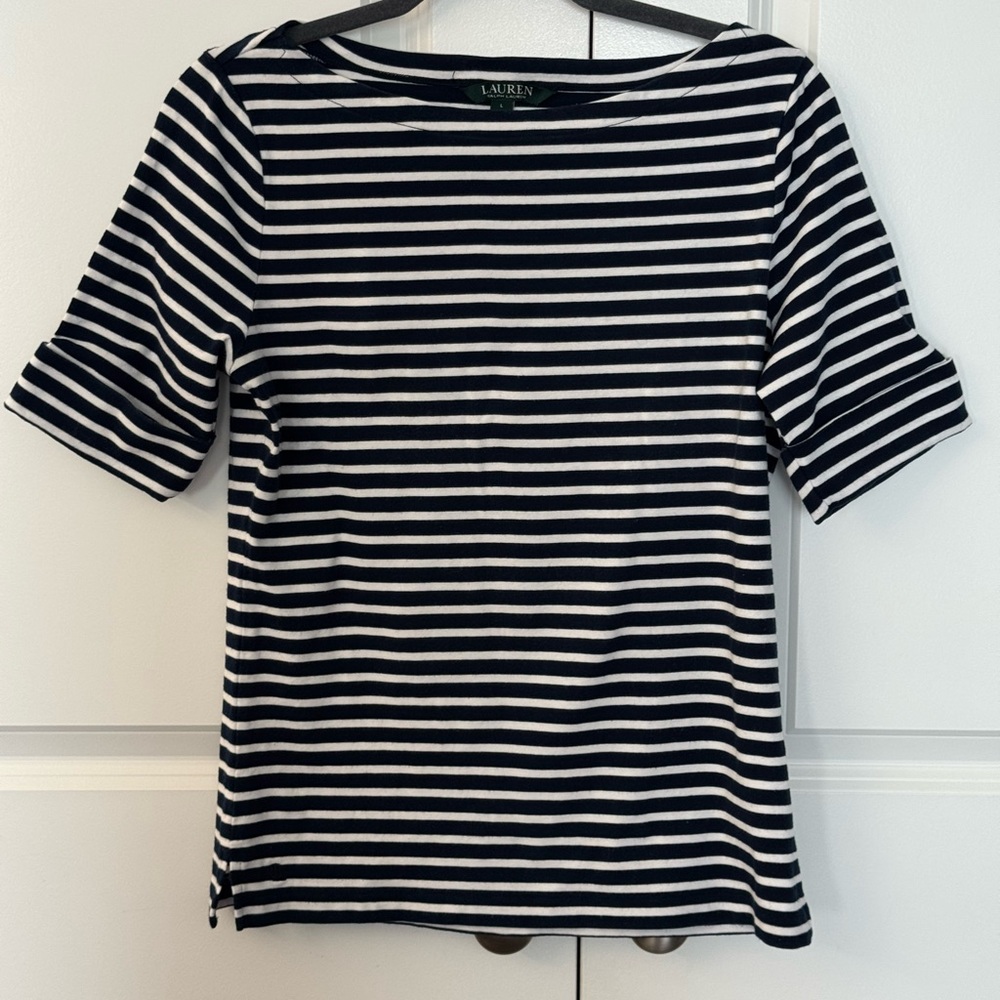 Lauren by Ralph Lauren Navy/White Striped Boatneck Shirt Size L